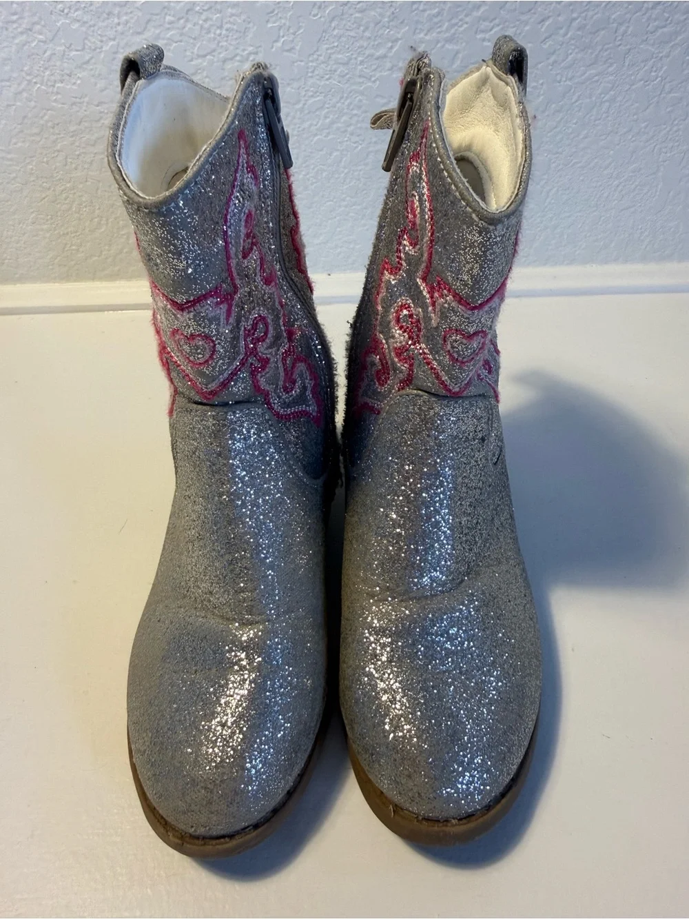 PAWZ Silver Glitter Girls Cowboy Boots with Pink Embroidery